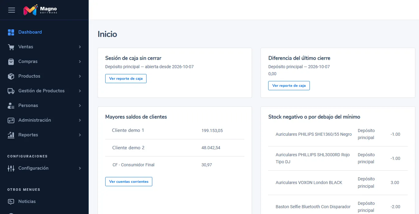 Panel de inicio de MagnoSoftware con caja, saldos de clientes y alertas de stock