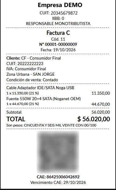 Ticket de 80 mm de una Factura C con CAE